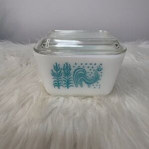 Vintage Pyrex White Milk Glass Amish Butterprint with Teal Rooster
